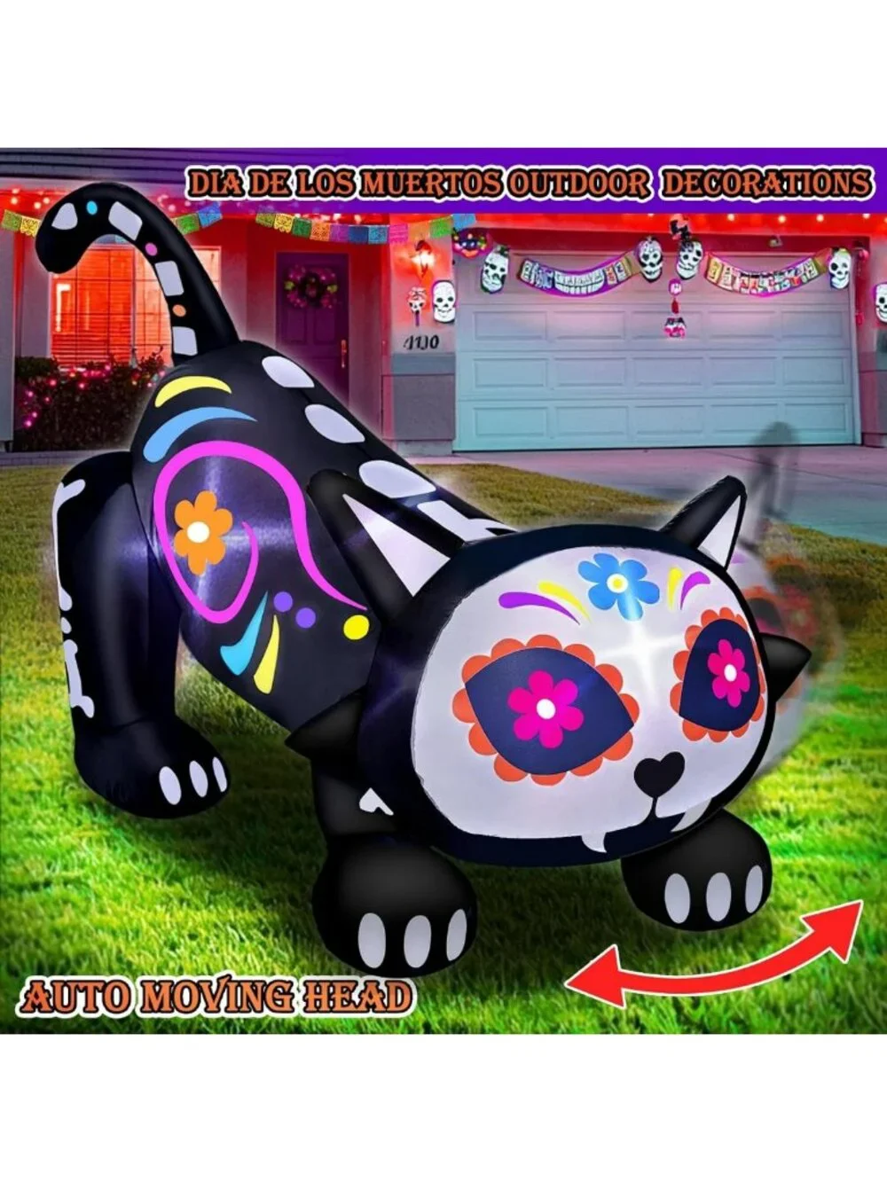 5 Ft Day of the Dead Inflatable Sugar Skull & Black Cat - Rotating Head Decor